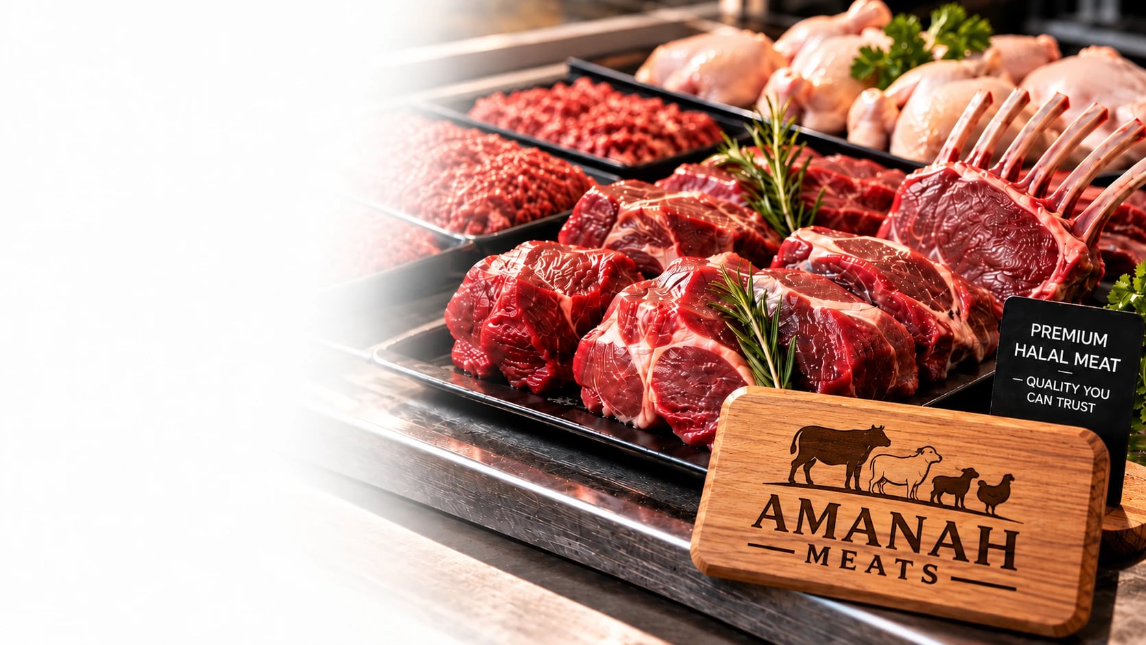 Premium halal meat display with an Amanah Meats wooden sign