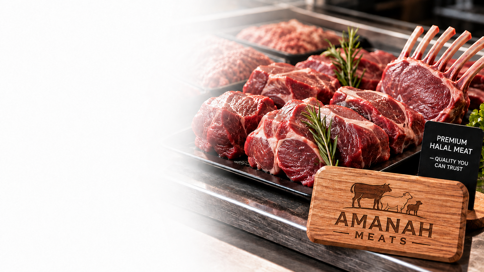 Halal beef and lamb cuts on a chilled display counter beside an Amanah Meats plaque